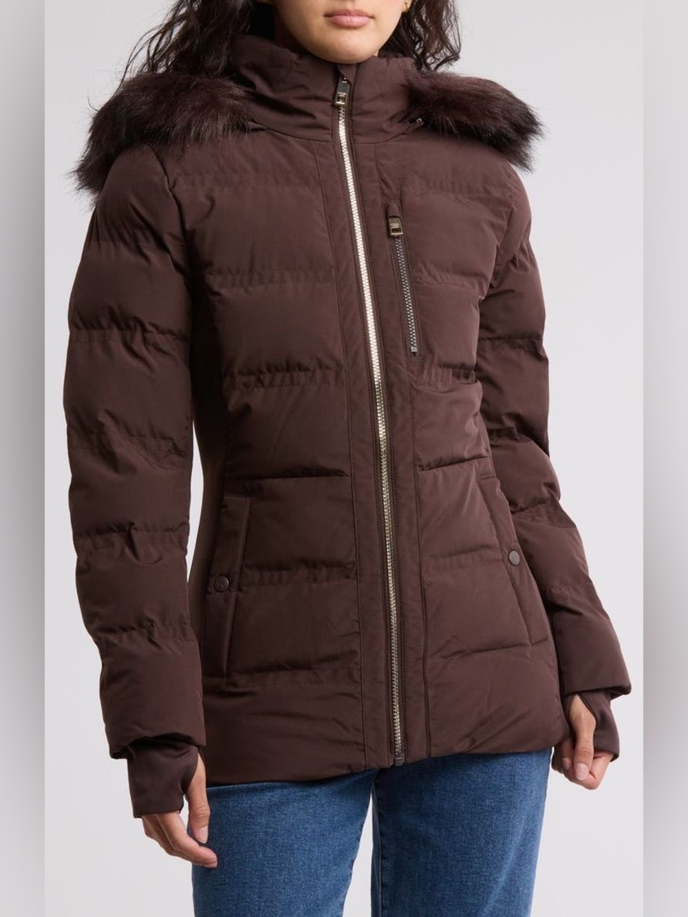 Michael Kors Dark Brown Quilted Puffer Jacket with Faux-Fur Trim